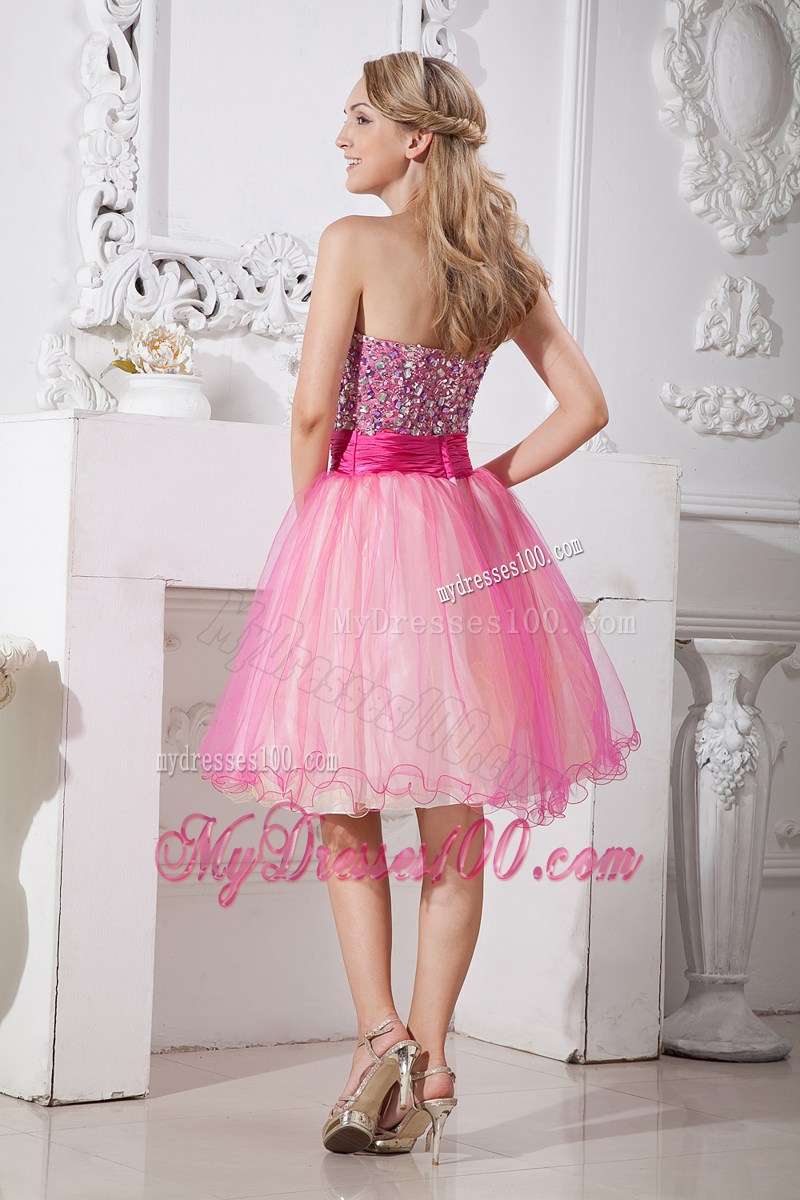Hot Pink Knee-length Organza Prom Dresses with Ruches and Rhinestone 2013