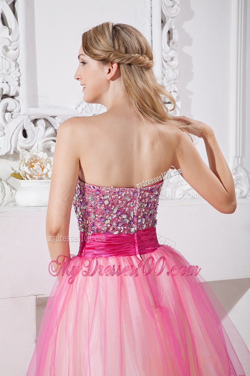 Hot Pink Knee-length Organza Prom Dresses with Ruches and Rhinestone 2013
