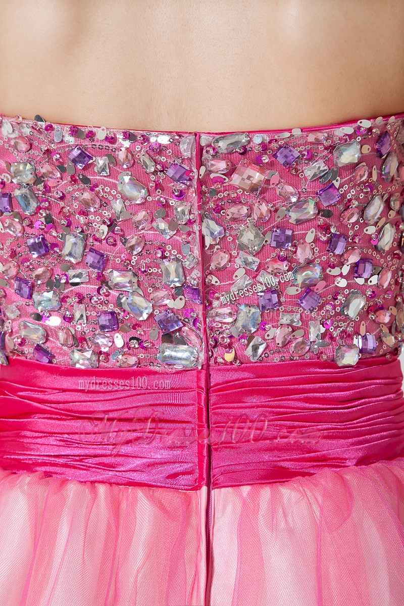 Hot Pink Knee-length Organza Prom Dresses with Ruches and Rhinestone 2013