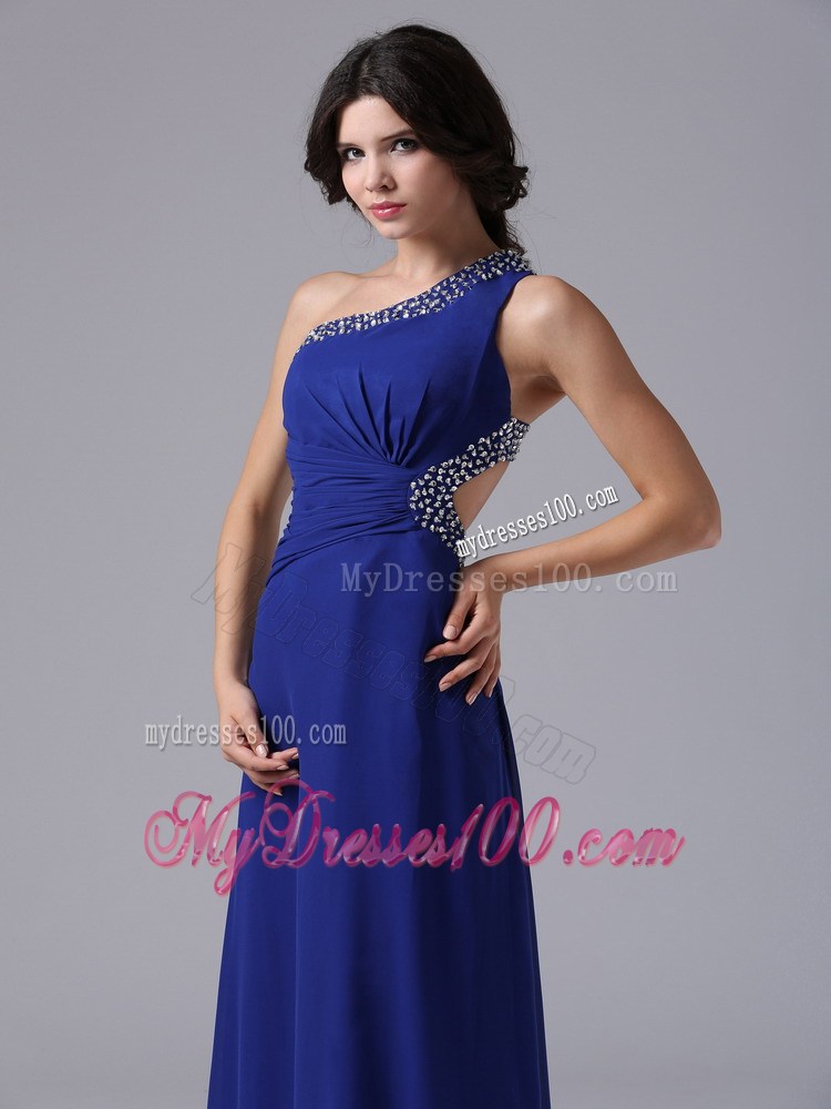one Shoulder Floor-length Royal Blue Chiffon Prom Dress with the Back Cut Out
