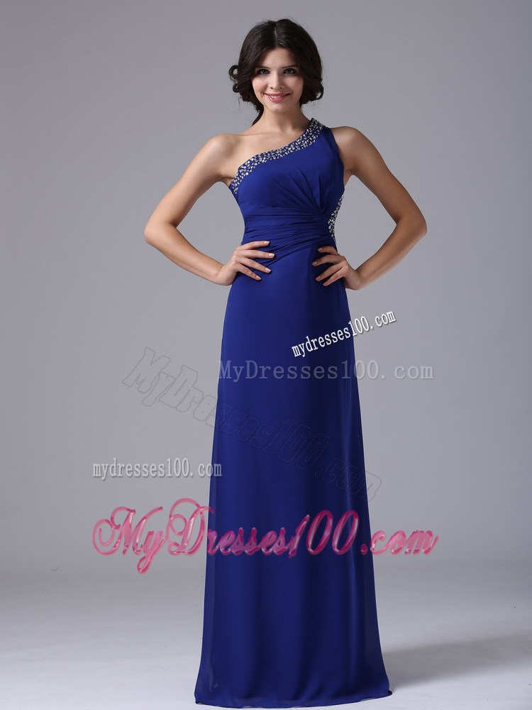 one Shoulder Floor-length Royal Blue Chiffon Prom Dress with the Back Cut Out