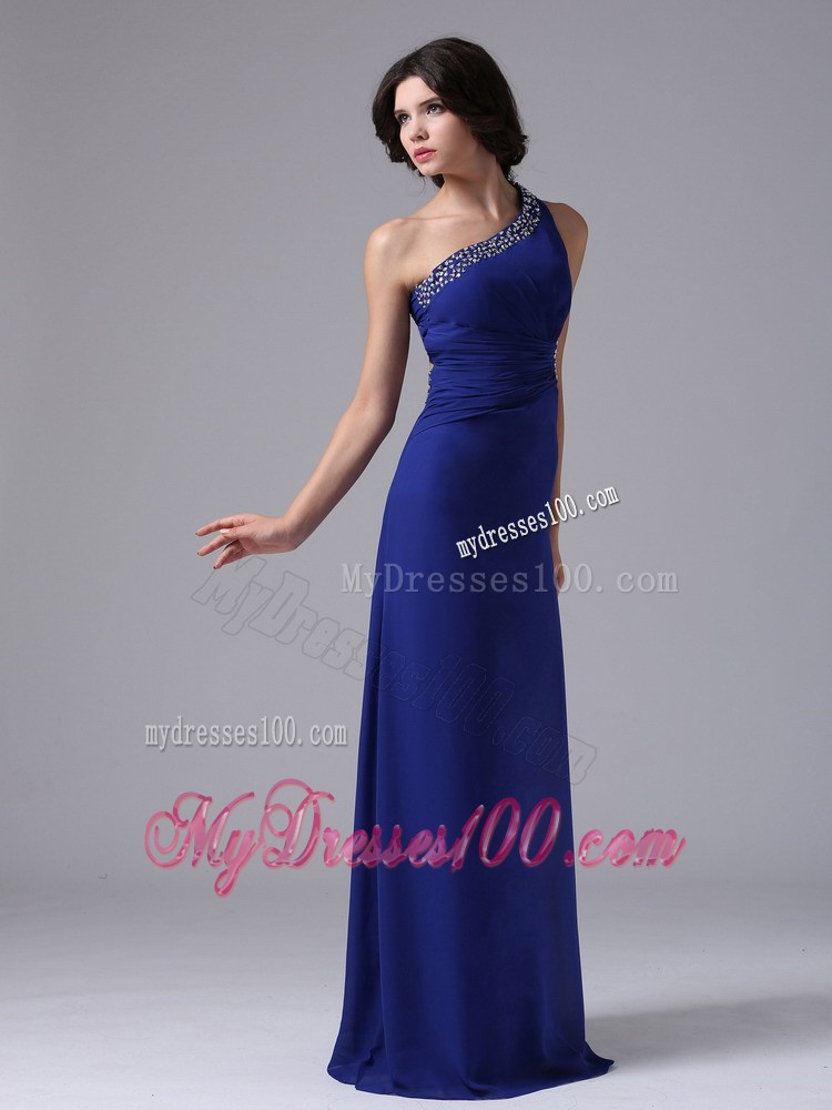 one Shoulder Floor-length Royal Blue Chiffon Prom Dress with the Back Cut Out