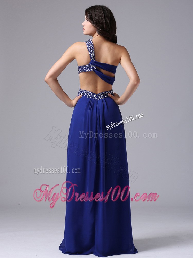 one Shoulder Floor-length Royal Blue Chiffon Prom Dress with the Back Cut Out