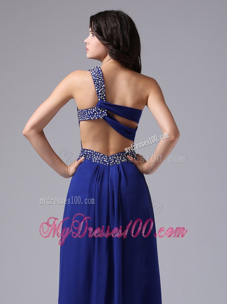 one Shoulder Floor-length Royal Blue Chiffon Prom Dress with the Back Cut Out