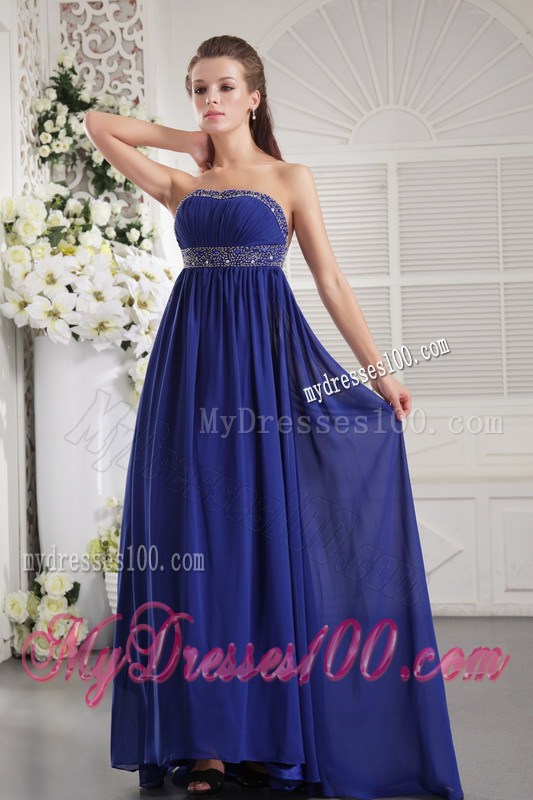Blue Empire Chiffon Brush Train Prom Dresses with Beading and Ruches