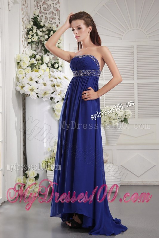 Blue Empire Chiffon Brush Train Prom Dresses with Beading and Ruches