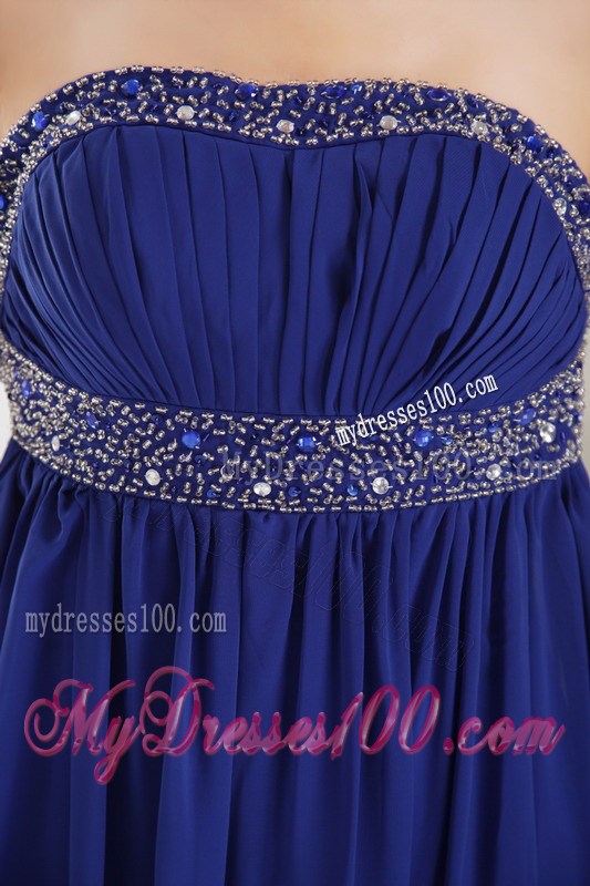 Blue Empire Chiffon Brush Train Prom Dresses with Beading and Ruches