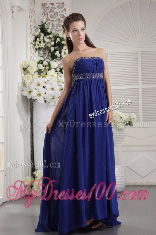 Blue Empire Chiffon Brush Train Prom Dresses with Beading and Ruches