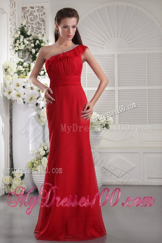 Beading and Layered Flounce Accent on One Shoulder Floor-length Red Prom Gown