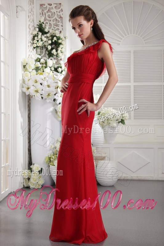 Beading and Layered Flounce Accent on One Shoulder Floor-length Red Prom Gown