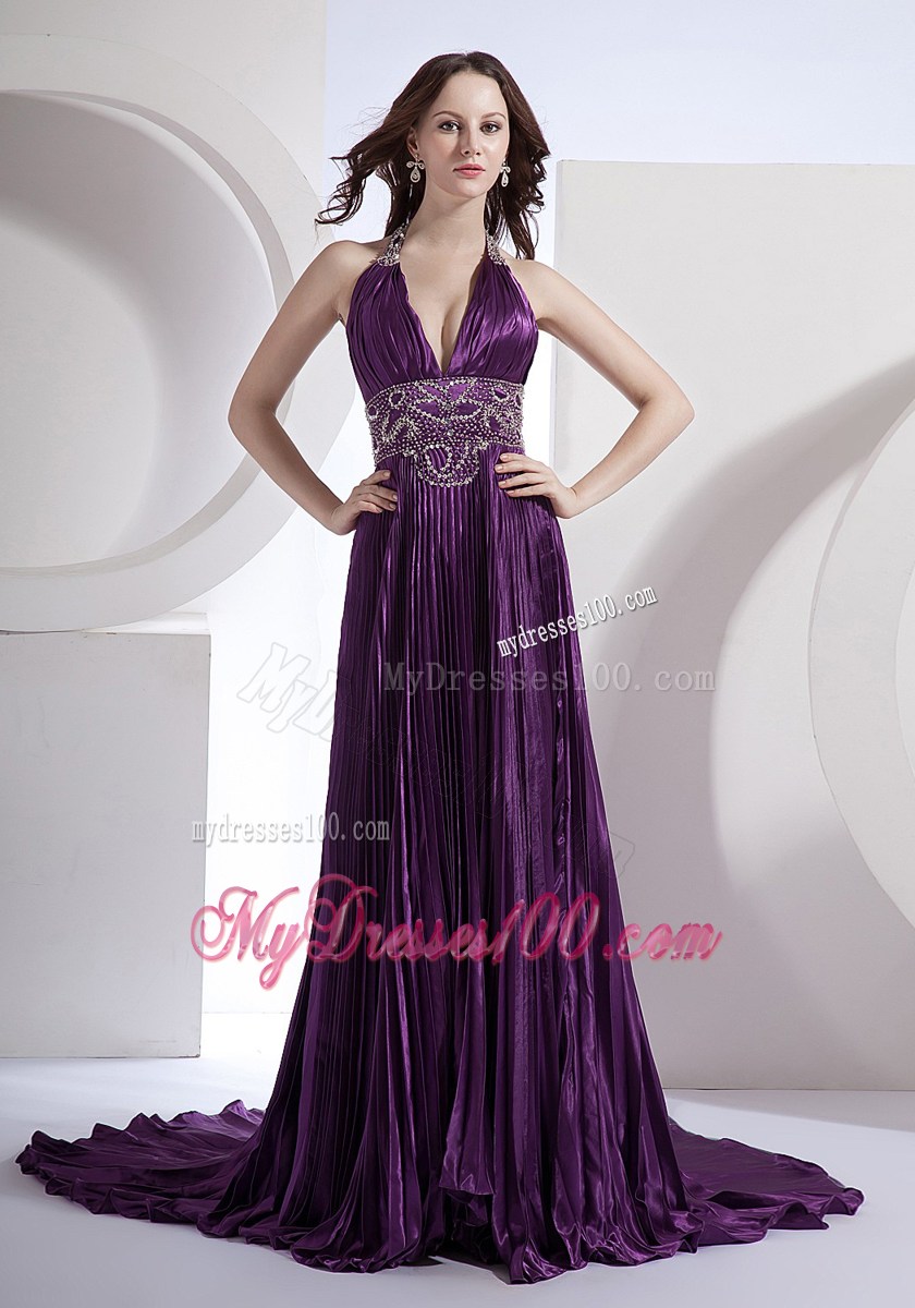 Halter V-neck Eggplant Purple Brush Dresses for Prom with Beading and Court Train