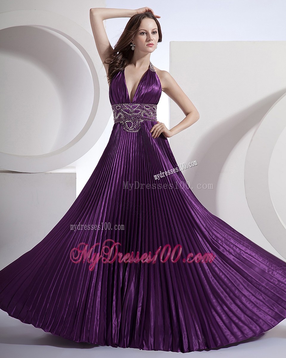 Halter V-neck Eggplant Purple Brush Dresses for Prom with Beading and Court Train