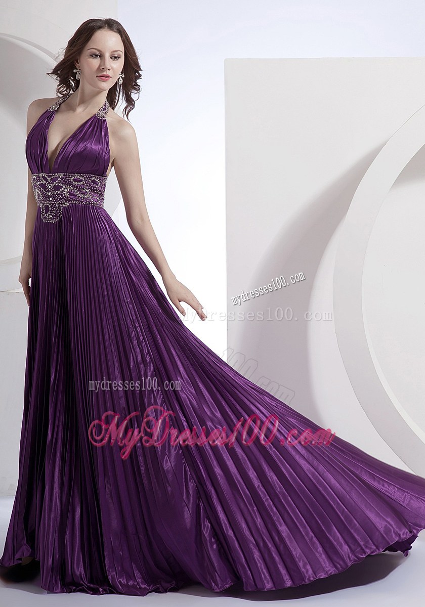 Halter V-neck Eggplant Purple Brush Dresses for Prom with Beading and Court Train
