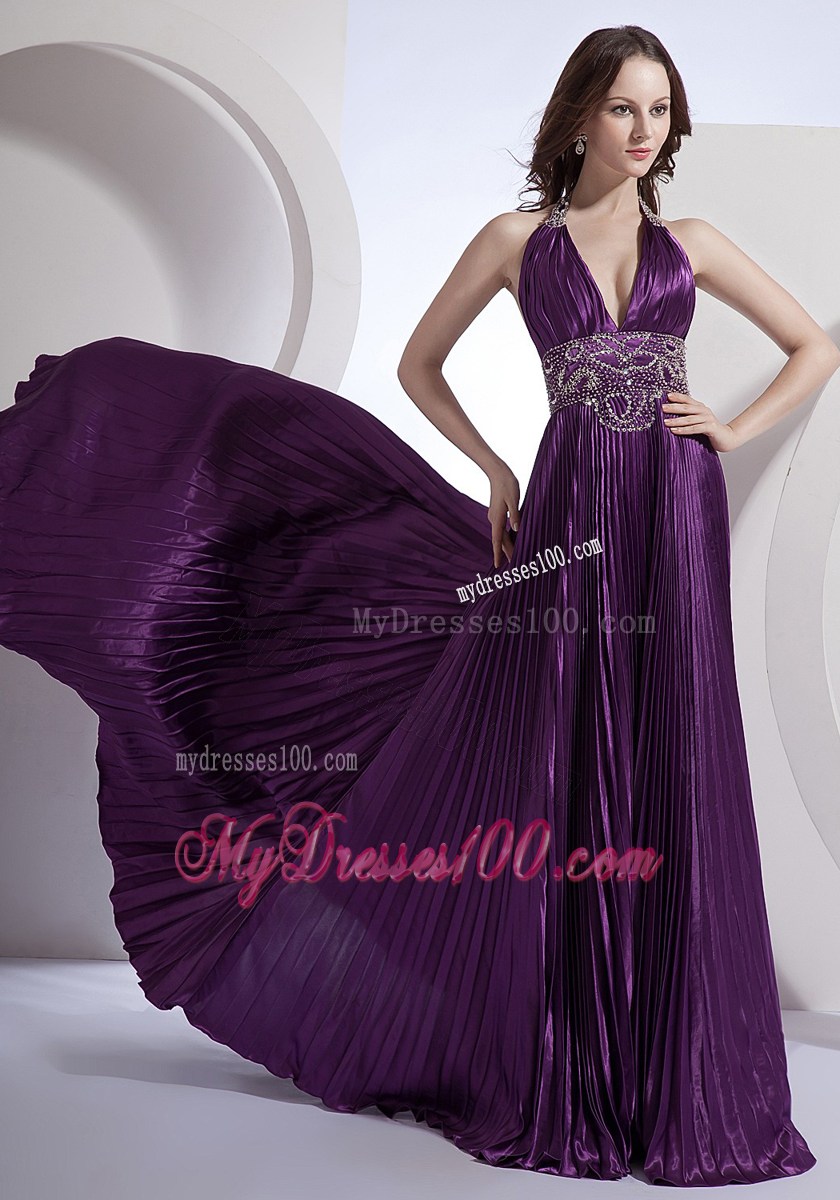 Halter V-neck Eggplant Purple Brush Dresses for Prom with Beading and Court Train