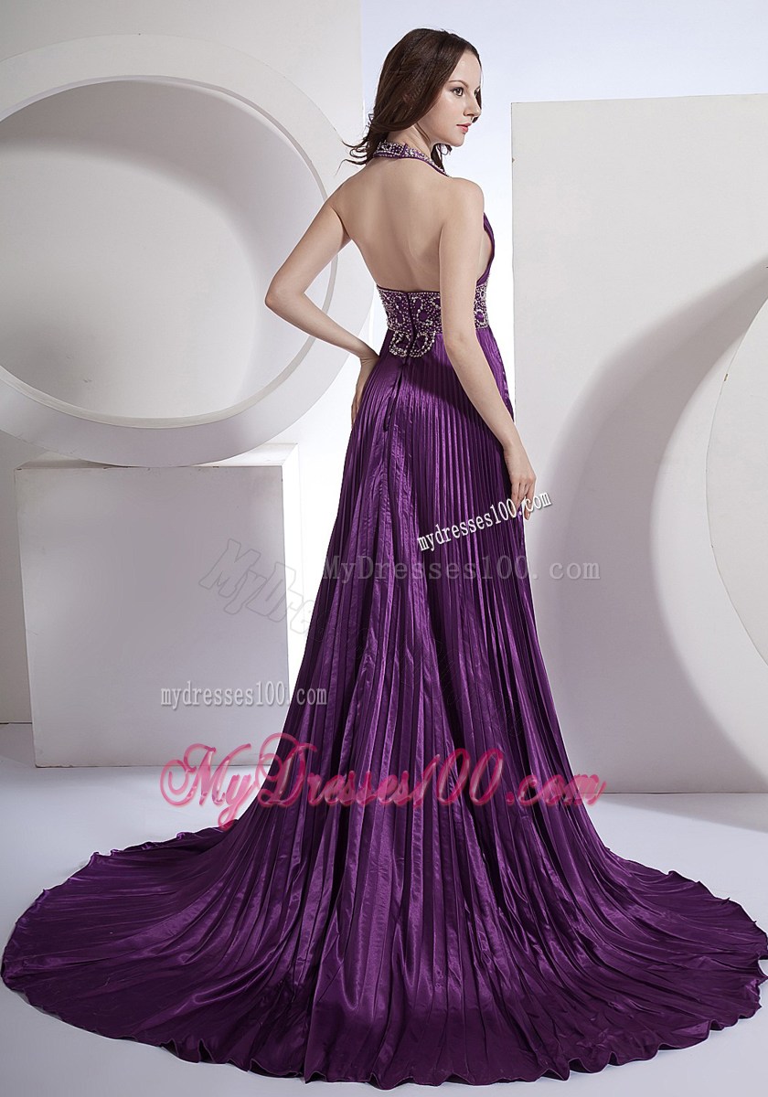 Halter V-neck Eggplant Purple Brush Dresses for Prom with Beading and Court Train