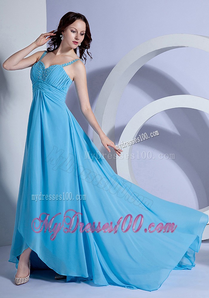 Fashion Straps Sweetheart Ruched Aqua Blue Chiffon Prom Dress with Brush Train