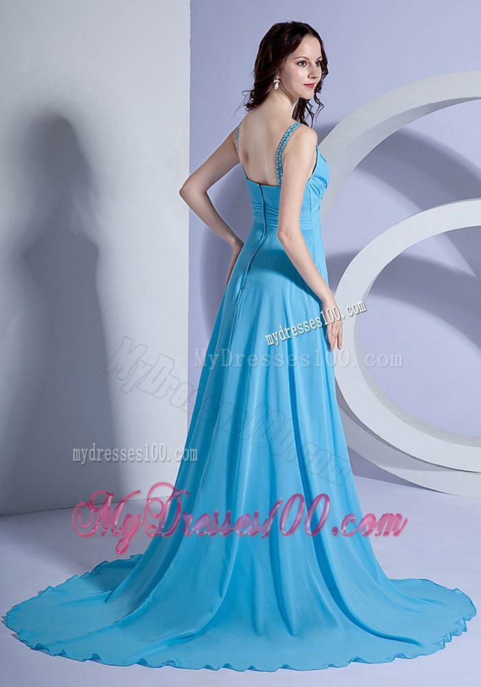 Fashion Straps Sweetheart Ruched Aqua Blue Chiffon Prom Dress with Brush Train