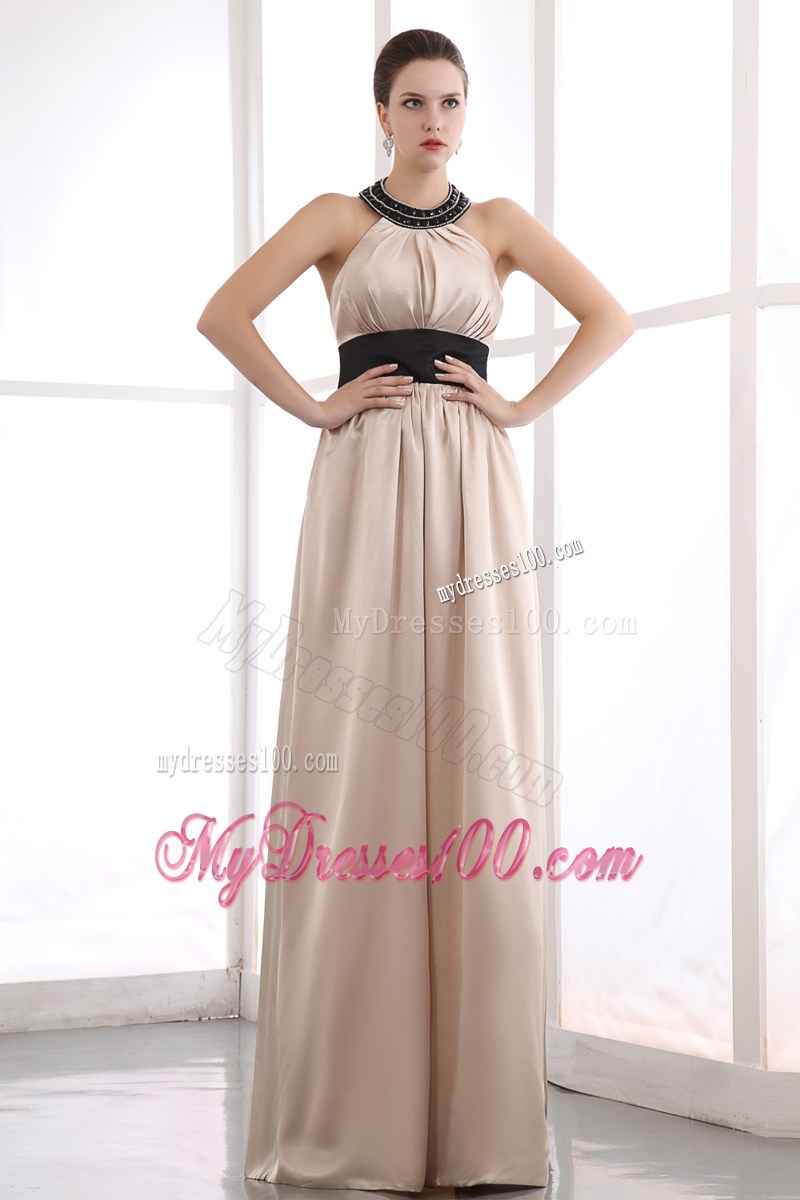 Halter Beaded Champagne Floor-length Dresses for Prom with Black Belt