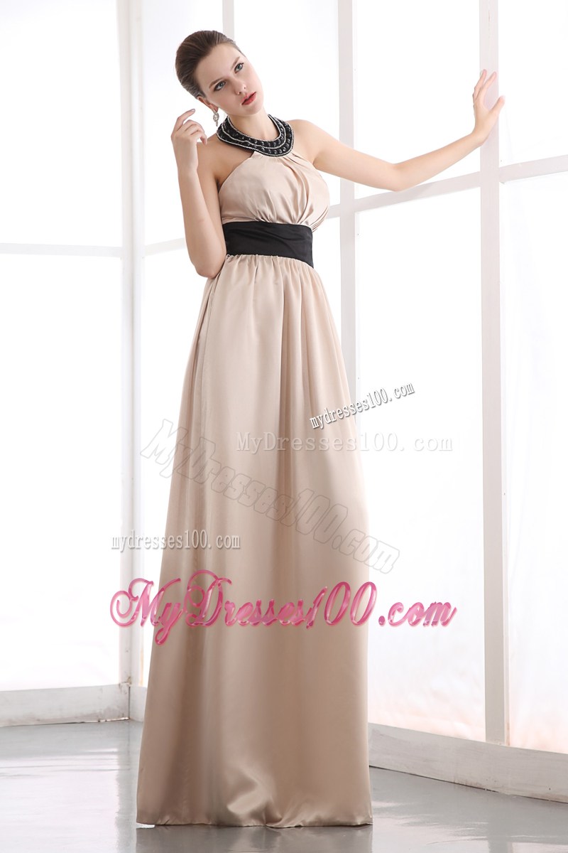 Halter Beaded Champagne Floor-length Dresses for Prom with Black Belt