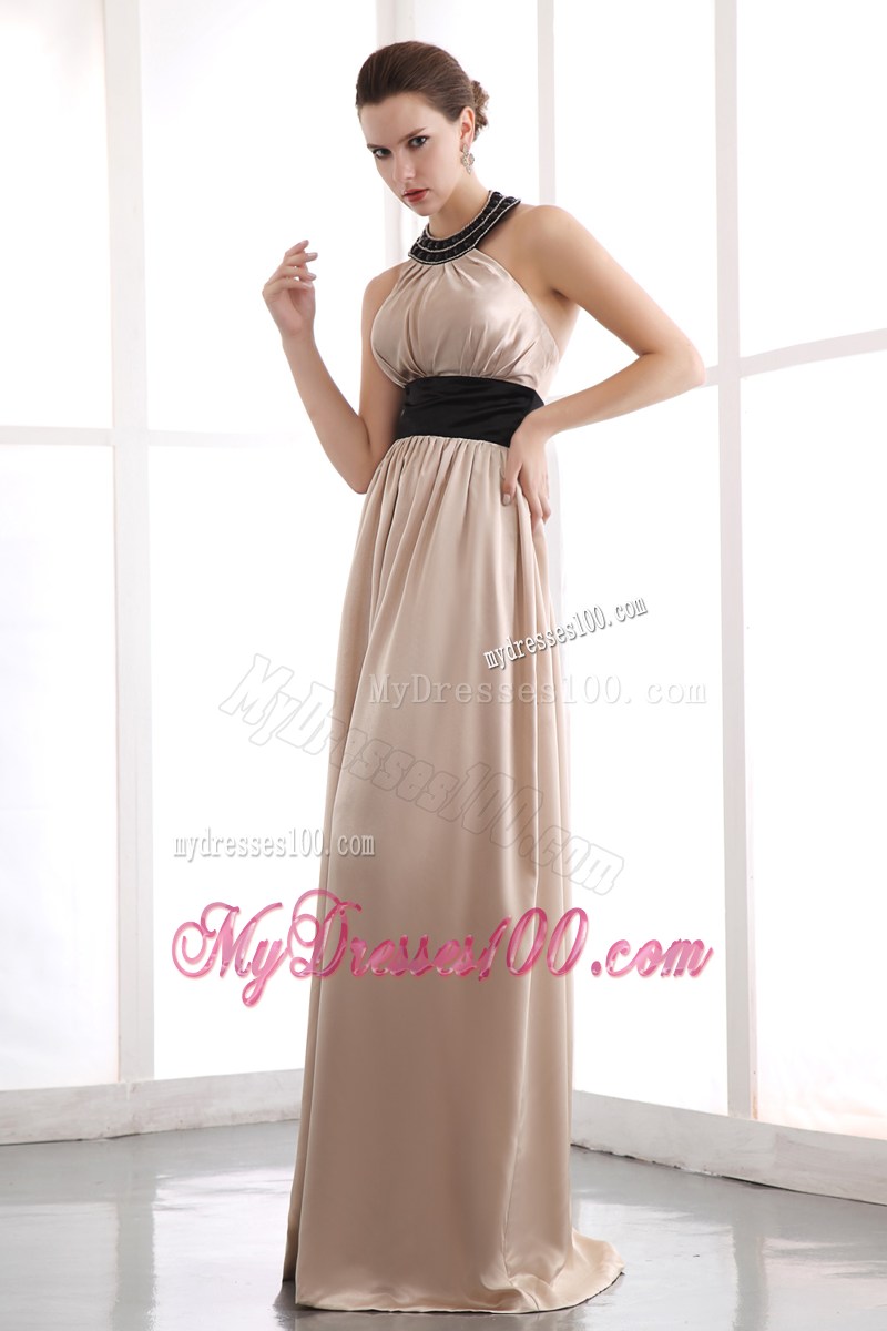 Halter Beaded Champagne Floor-length Dresses for Prom with Black Belt