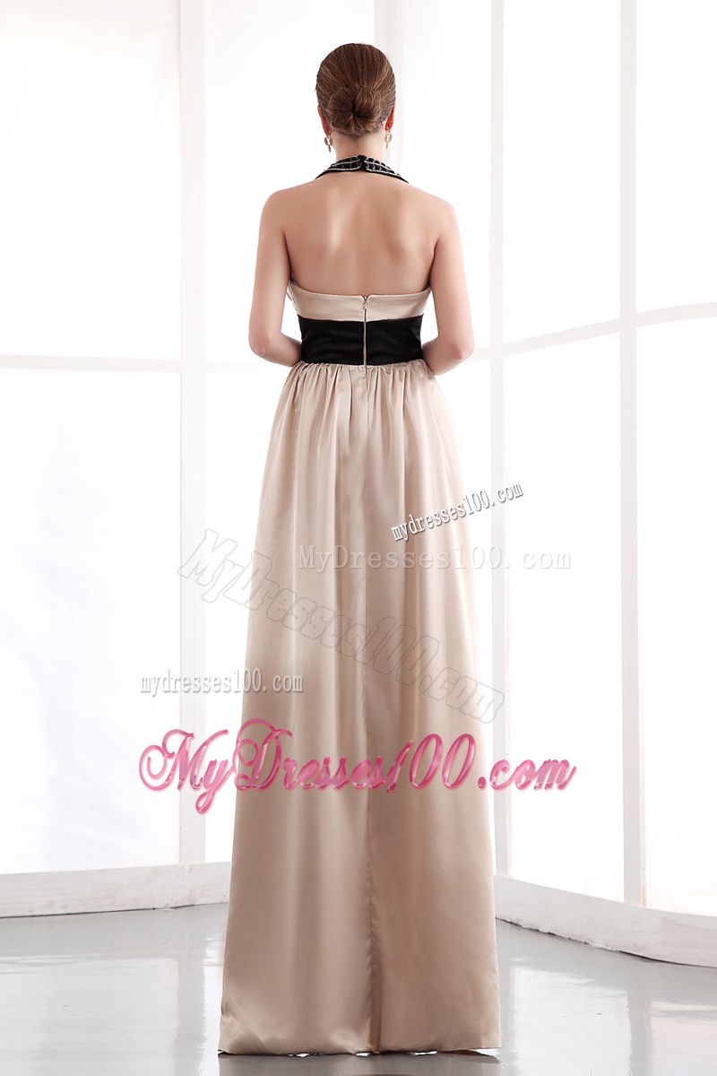Halter Beaded Champagne Floor-length Dresses for Prom with Black Belt