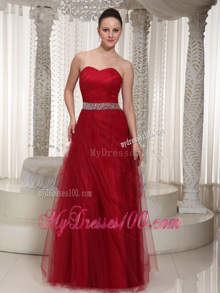 Beading Accent Waist Sweetheart Floor-length Tulle Prom Gown in Wine Red