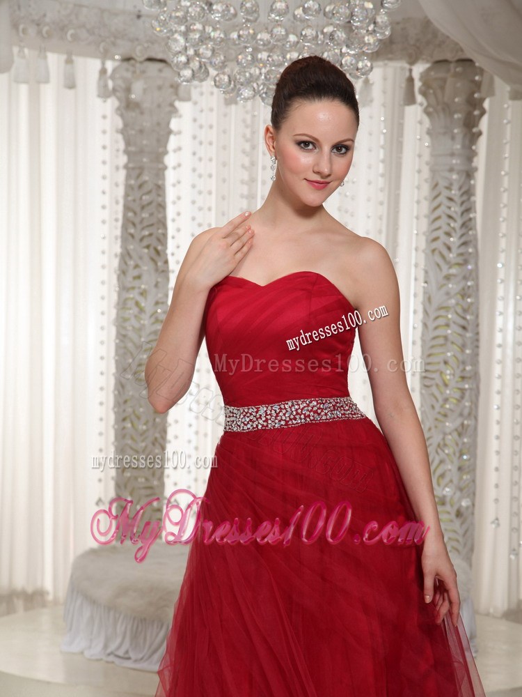 Beading Accent Waist Sweetheart Floor-length Tulle Prom Gown in Wine Red