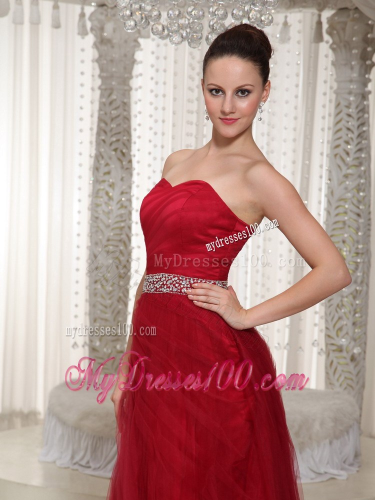 Beading Accent Waist Sweetheart Floor-length Tulle Prom Gown in Wine Red