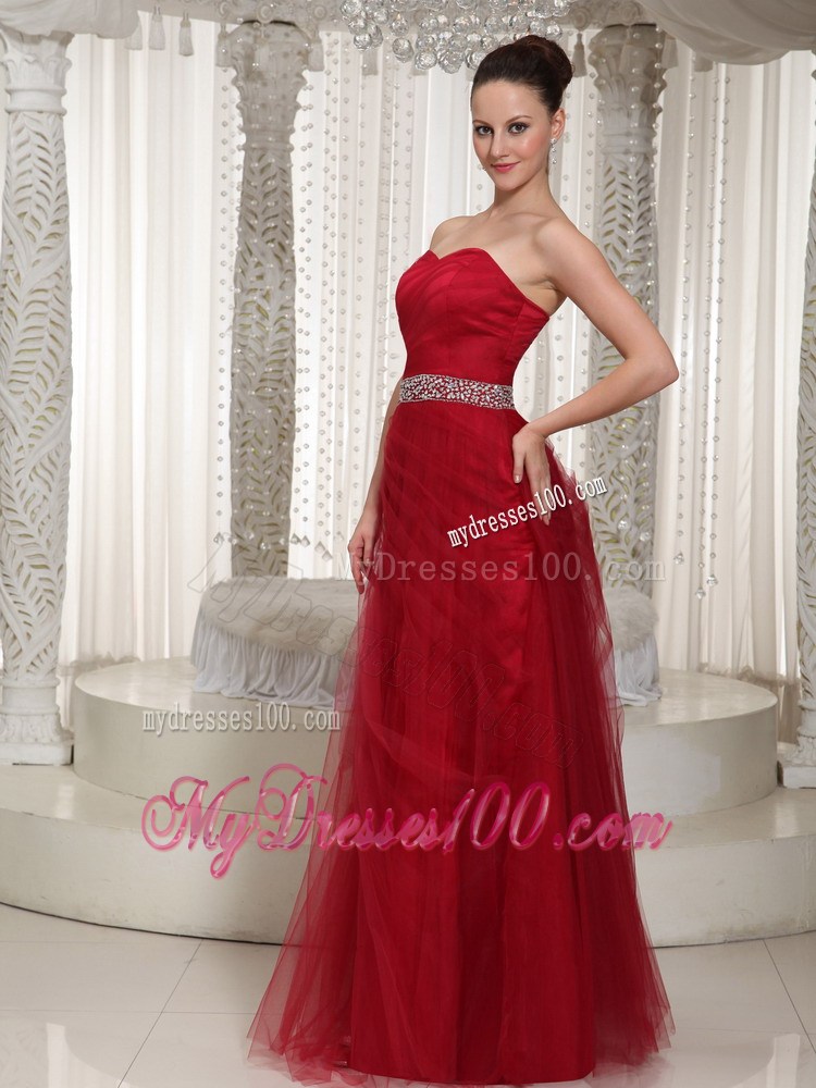 Beading Accent Waist Sweetheart Floor-length Tulle Prom Gown in Wine Red