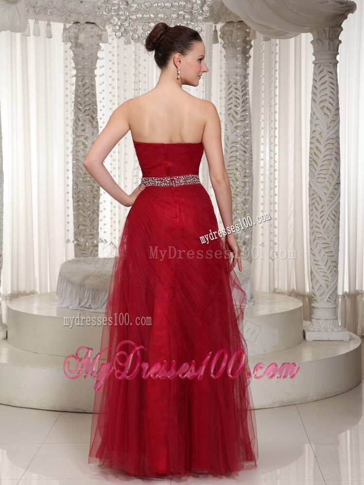 Beading Accent Waist Sweetheart Floor-length Tulle Prom Gown in Wine Red
