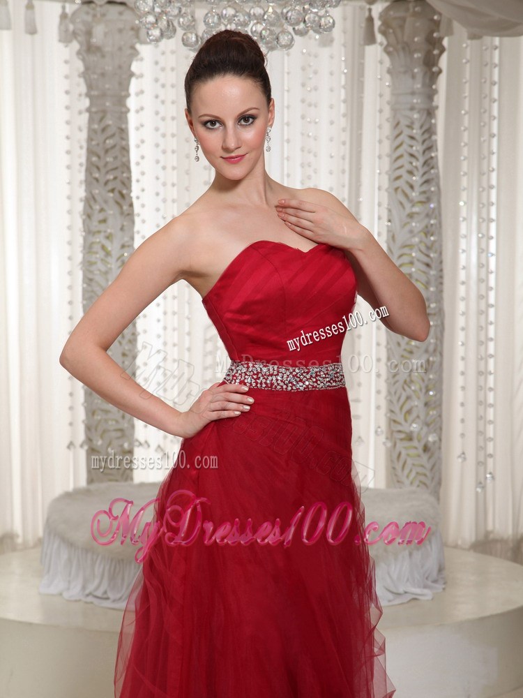 Beading Accent Waist Sweetheart Floor-length Tulle Prom Gown in Wine Red