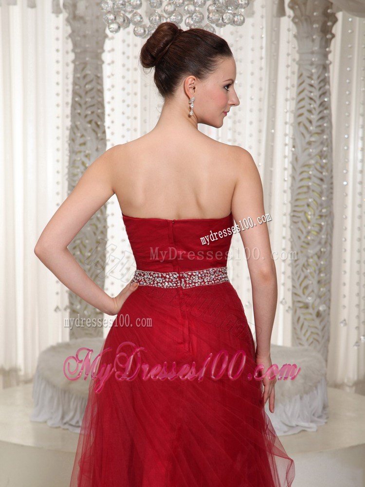 Beading Accent Waist Sweetheart Floor-length Tulle Prom Gown in Wine Red