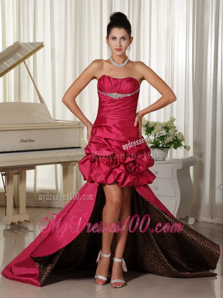 Flowers and Pick-ups Accent Red High-low Prom Dress with Leopard Print