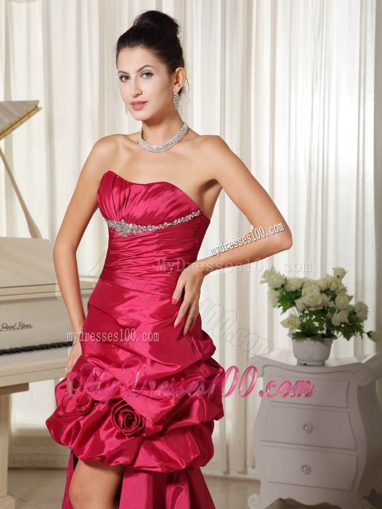 Flowers and Pick-ups Accent Red High-low Prom Dress with Leopard Print