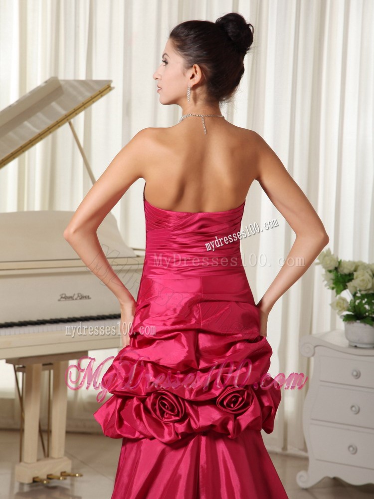 Flowers and Pick-ups Accent Red High-low Prom Dress with Leopard Print