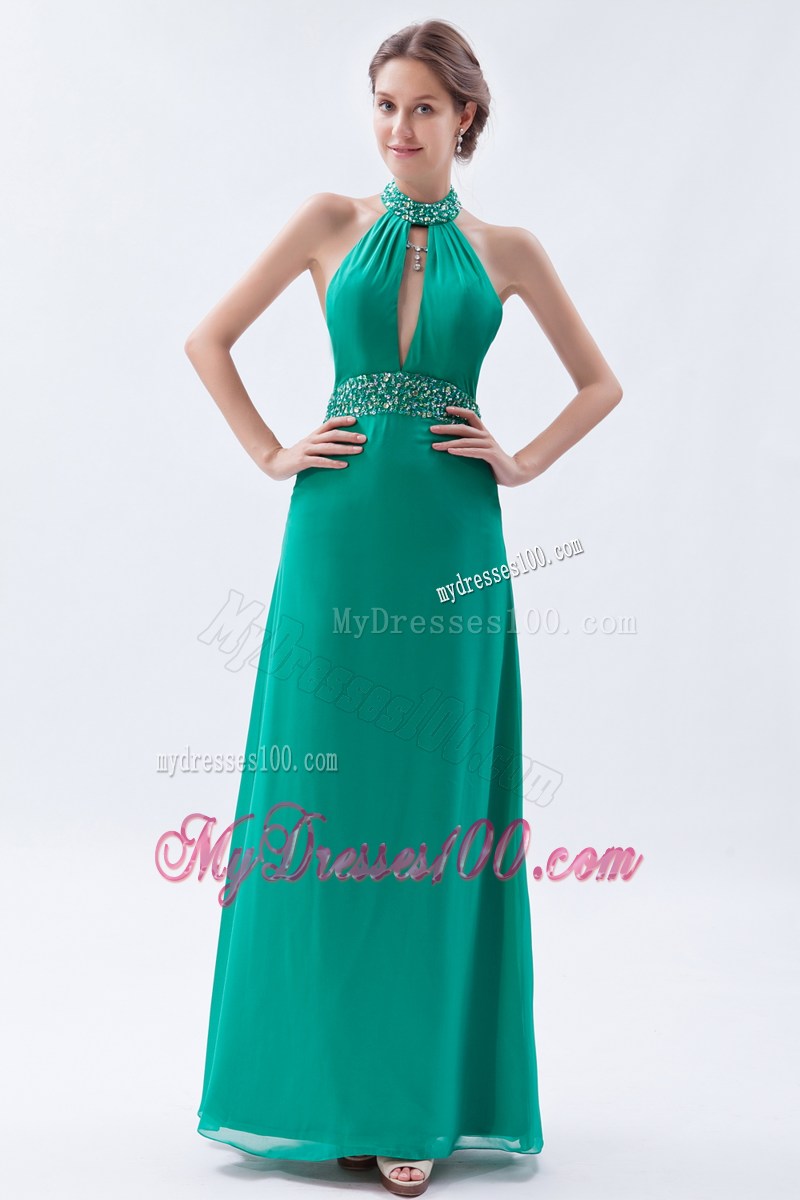 Beading Decorate Halter and Waist Turquoise Long Prom Gown with Cutout