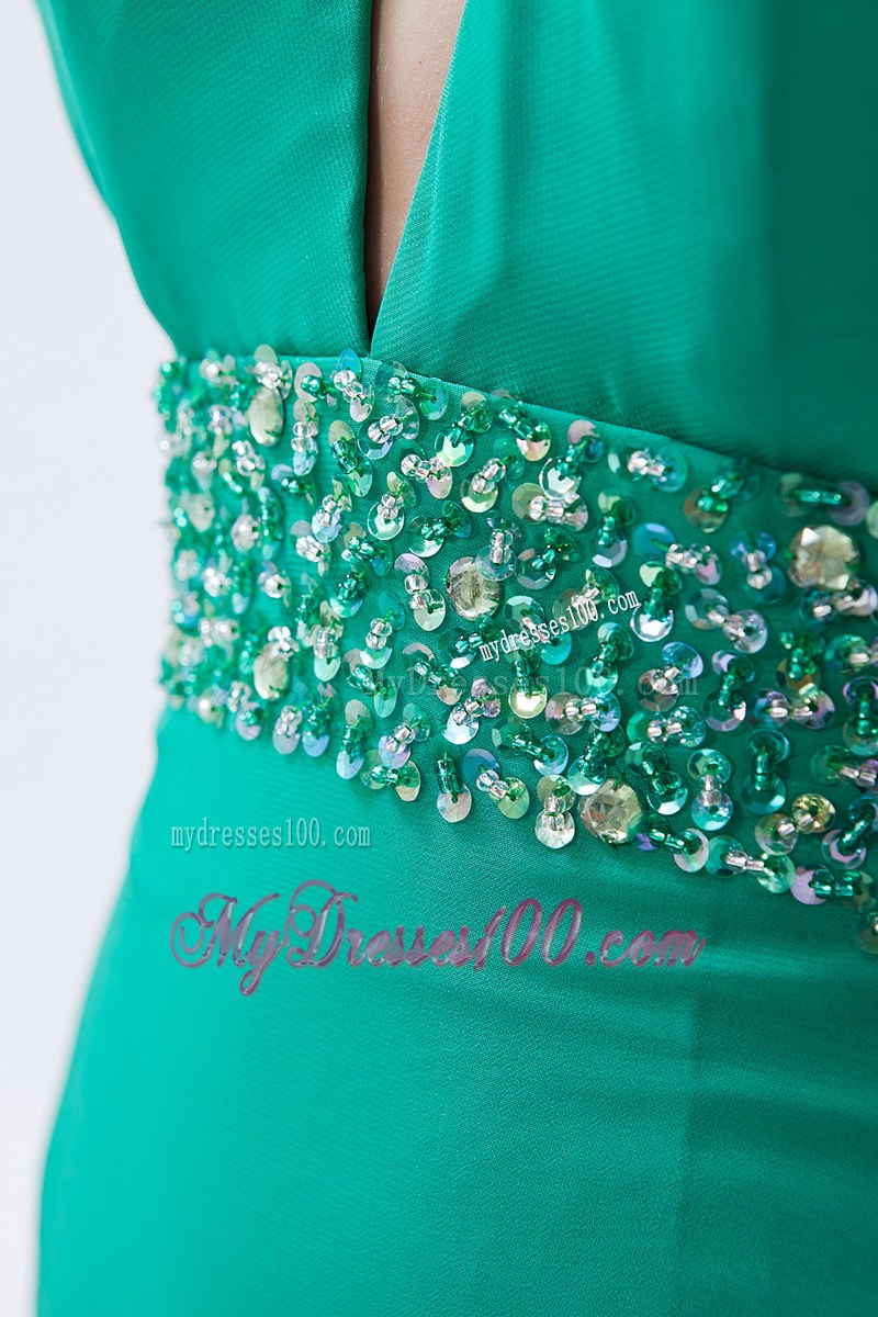 Beading Decorate Halter and Waist Turquoise Long Prom Gown with Cutout