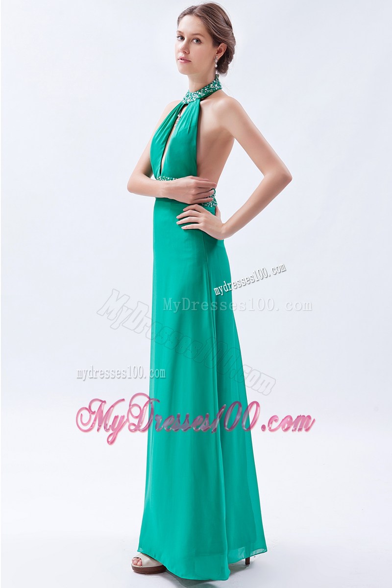 Beading Decorate Halter and Waist Turquoise Long Prom Gown with Cutout