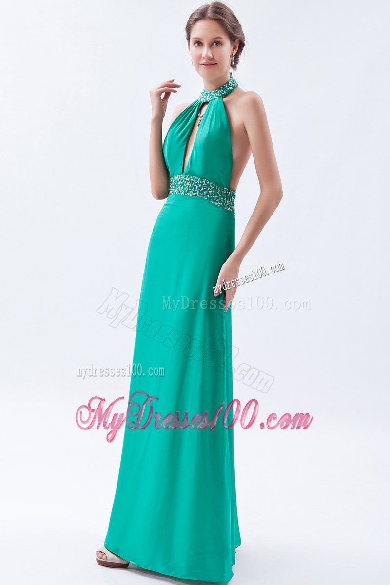 Beading Decorate Halter and Waist Turquoise Long Prom Gown with Cutout