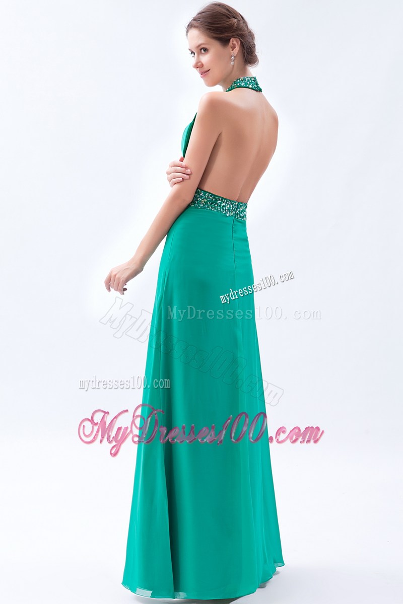 Beading Decorate Halter and Waist Turquoise Long Prom Gown with Cutout