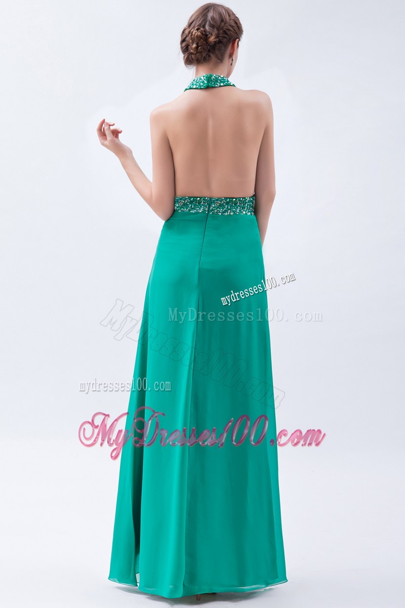 Beading Decorate Halter and Waist Turquoise Long Prom Gown with Cutout