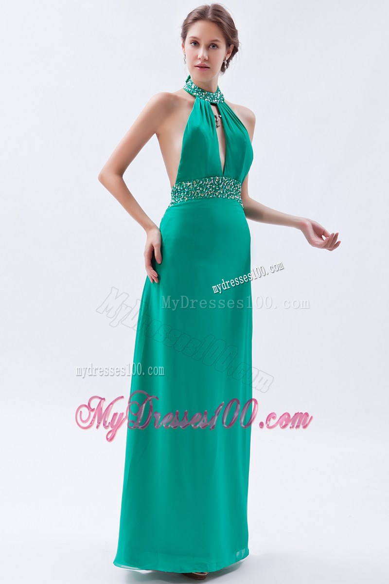 Beading Decorate Halter and Waist Turquoise Long Prom Gown with Cutout