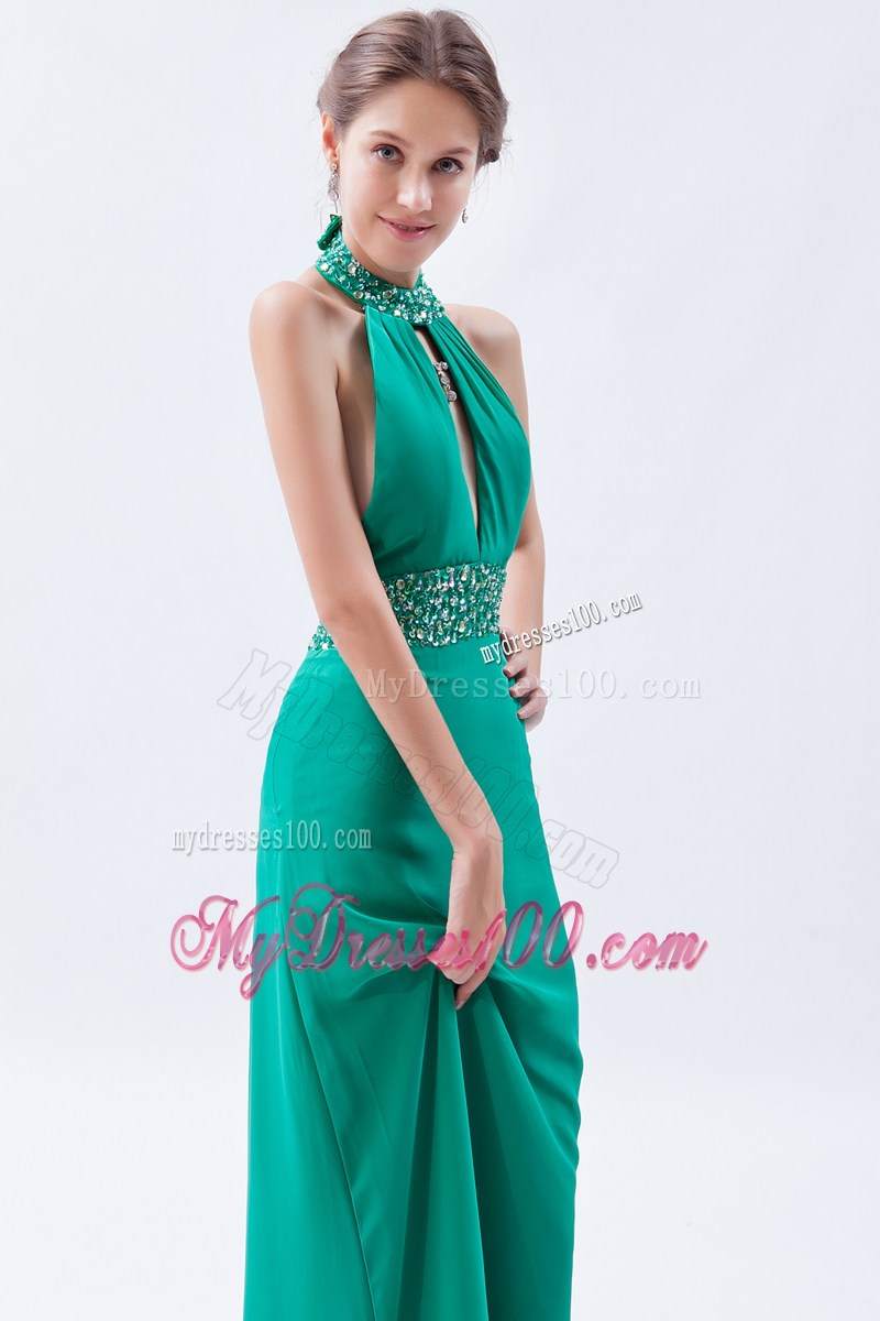 Beading Decorate Halter and Waist Turquoise Long Prom Gown with Cutout