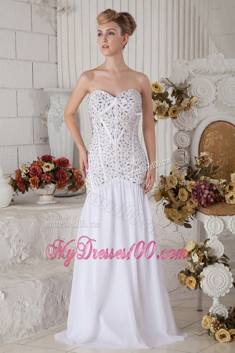 Rhinestone Accent Bodice White Floor-length Mermaid Prom Dress with Pleats