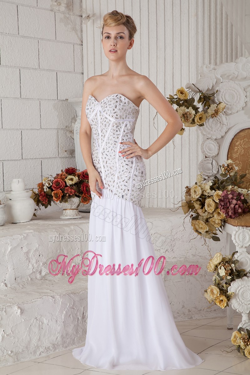 Rhinestone Accent Bodice White Floor-length Mermaid Prom Dress with Pleats