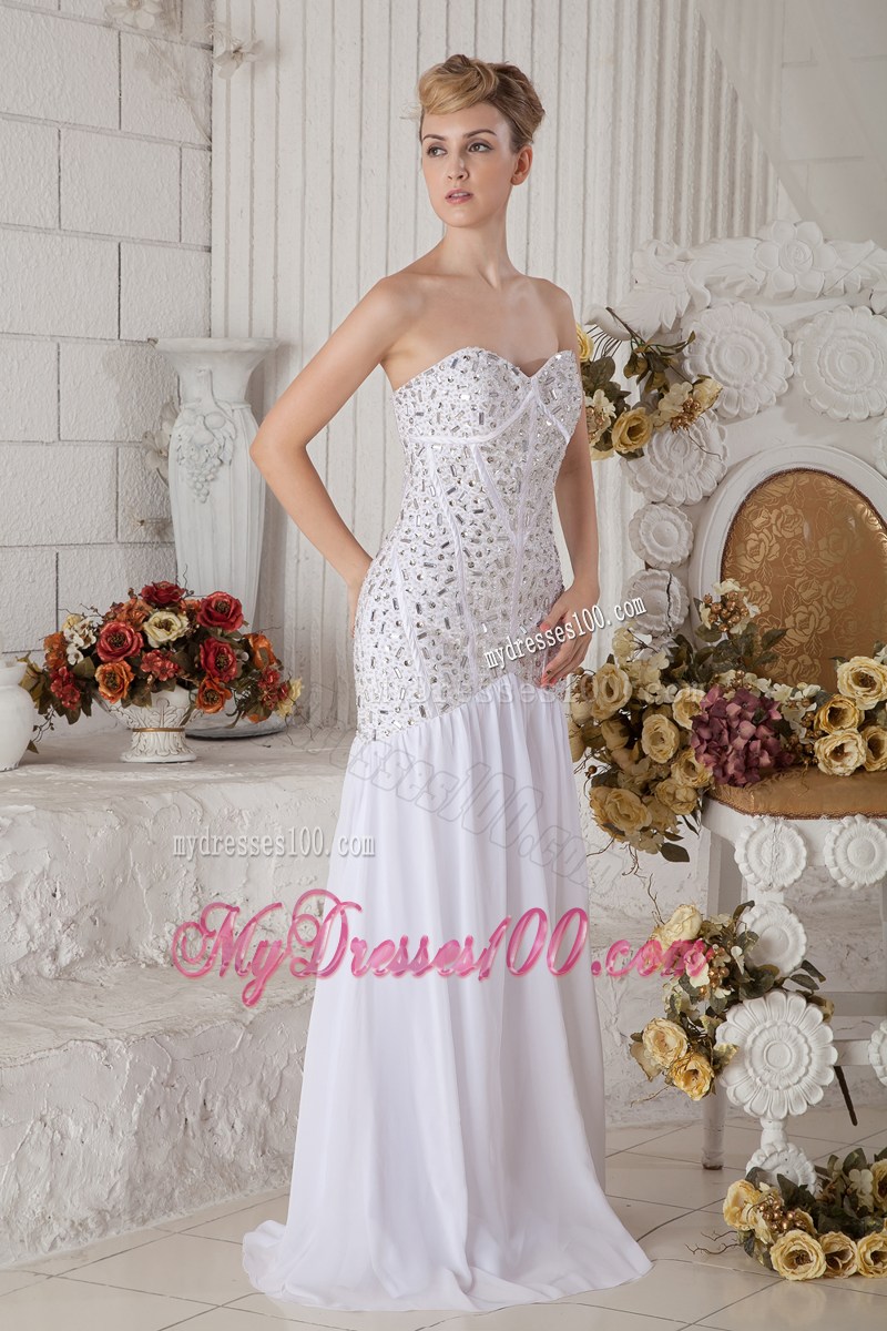 Rhinestone Accent Bodice White Floor-length Mermaid Prom Dress with Pleats