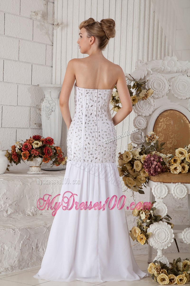 Rhinestone Accent Bodice White Floor-length Mermaid Prom Dress with Pleats