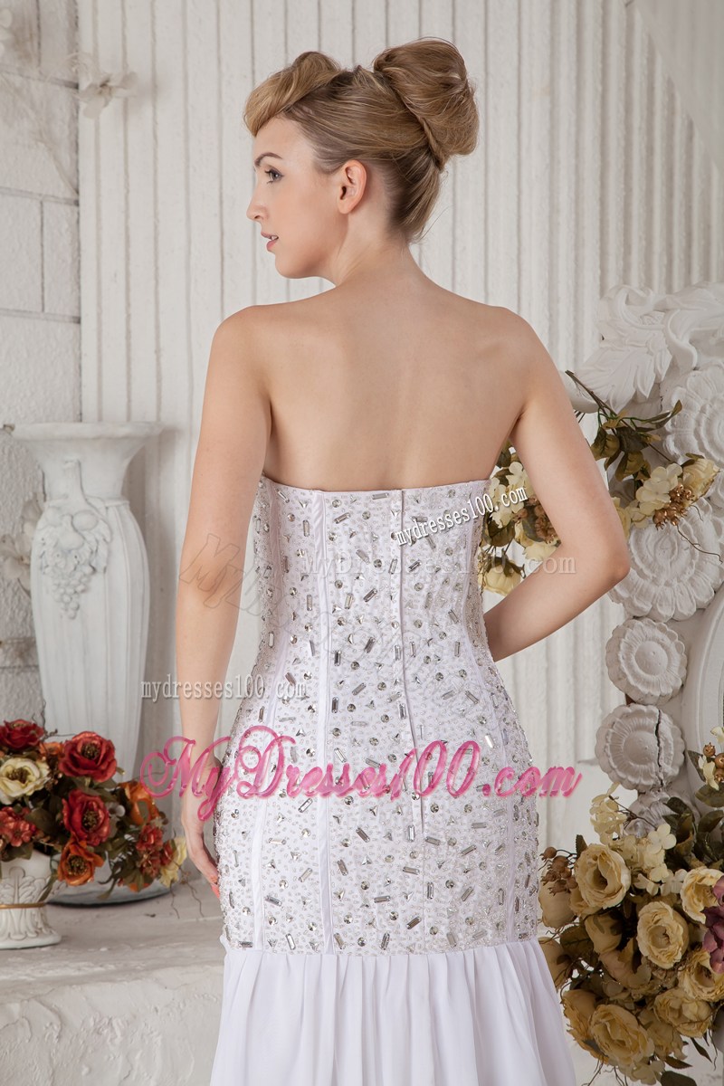 Rhinestone Accent Bodice White Floor-length Mermaid Prom Dress with Pleats