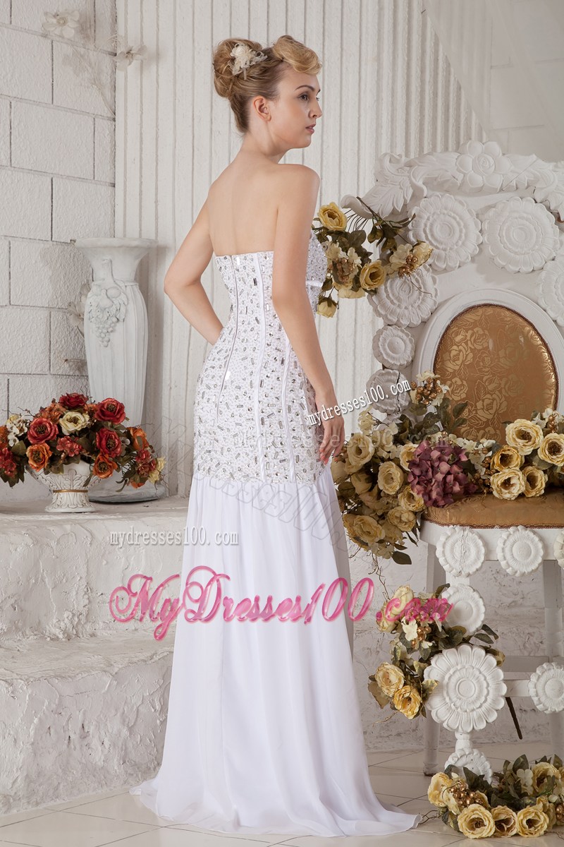 Rhinestone Accent Bodice White Floor-length Mermaid Prom Dress with Pleats