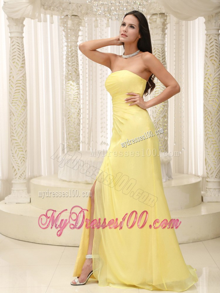 Strapless Light Yellow Chiffon Prom Dresses with High Slit and Brush Train